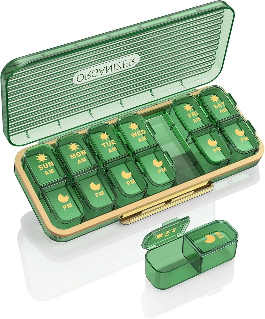 Pill Organizer 2 Times A Day, 7 Day Am Pm Pill Box - Acedada Weekly Pill Organizer med separat behållare, Portable Daily Medicine Planner Dispenser Case för vitamin, fiskoljor, kosttillskott, grön