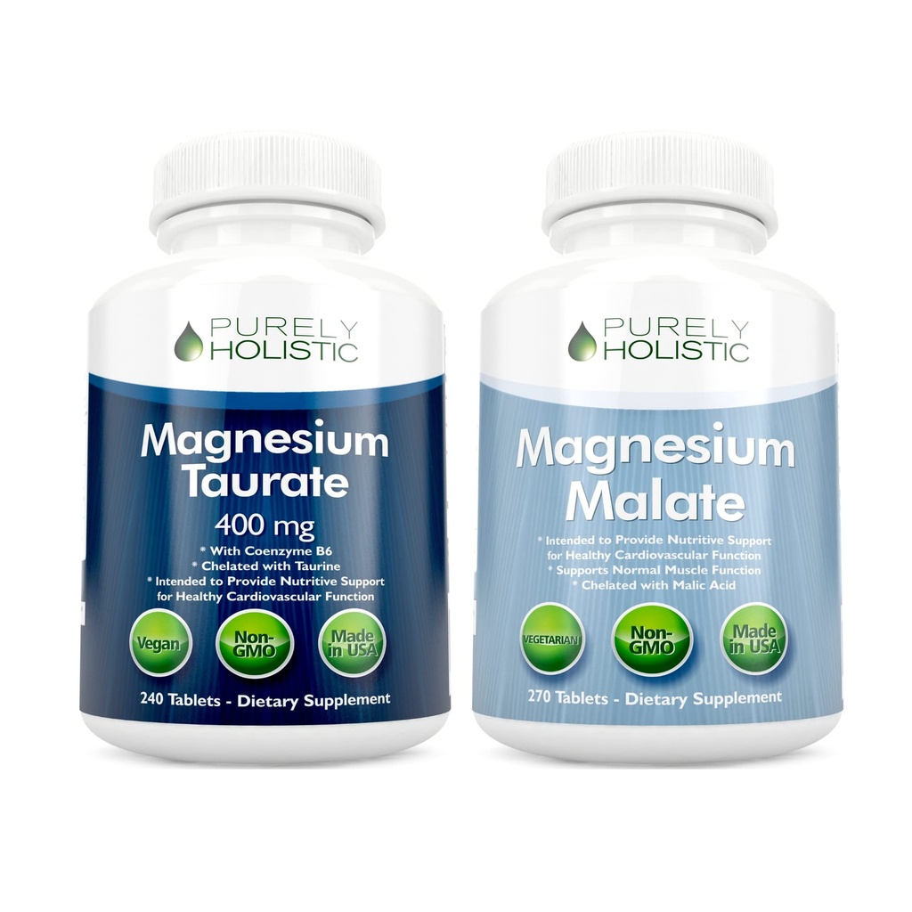 Magnesium Taurate 400mg + Magnesium Malate 400mg - Mycket Biotillgänglig - Hög Absorption Bundle - 270 + 270 Vegetariska tabletter