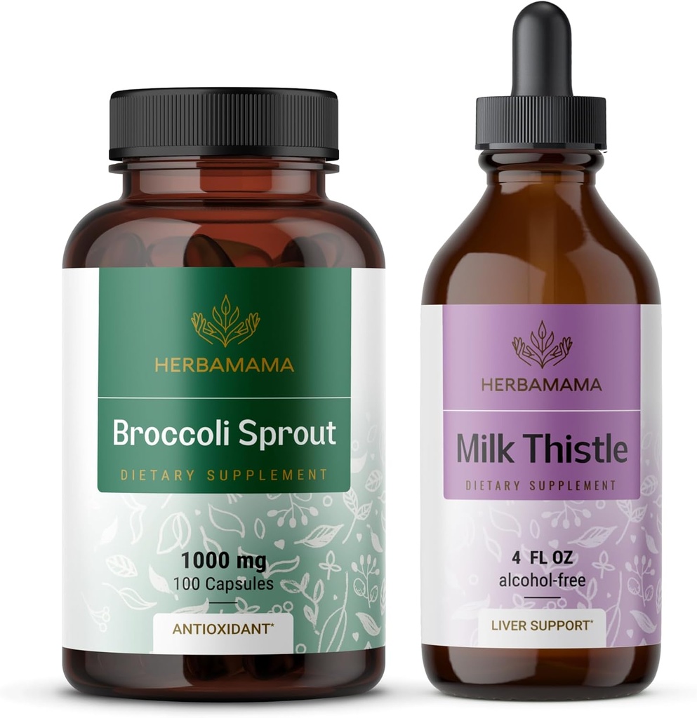 HERBAMAMA Broccoli Sprout och mjölk Thistle Kit - Bundle på 1000 mg Broccoli Sprout Capsules & Milk Thistle Extract 4 fl oz - Vegan, Non-GMO, Sugar & Alkoholfri - 2 Pack