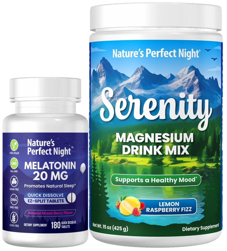 Naturens perfekta nattmelatonin 20mg snabbupplösning blandad Berry 180 greve med Serenity Magnesium pulver 15 oz Lemon Raspberry