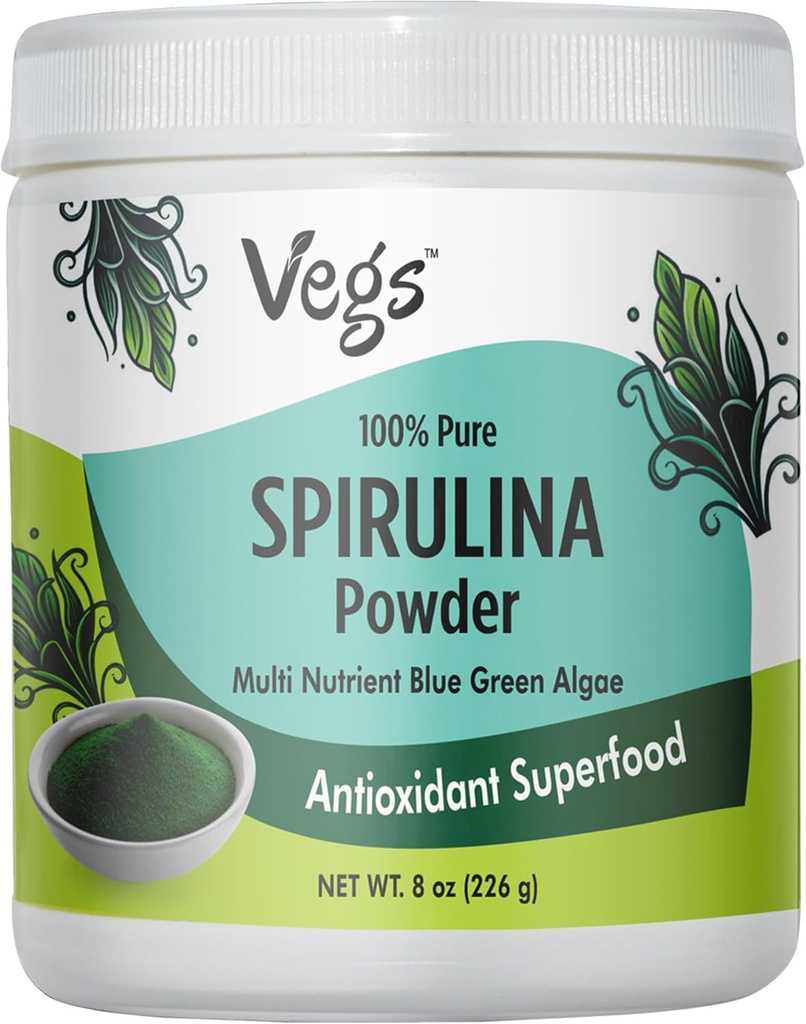 Organisk Spirulina Powder - Blue Green Algae Plant-Based Superfood Blend - Antioxidant-Rich med klorofyll, vitaminer och mineraler för rengöring, energi och immunitet Support - Vegan, icke-GMO - 8 oz