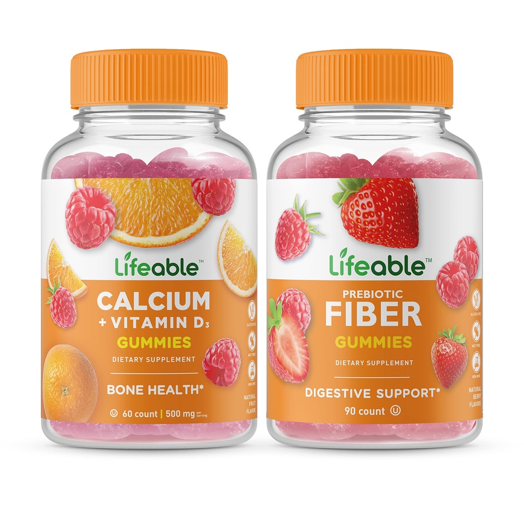 Livlig kalcium med vitamin D + Prebiotisk fiber 5g, Gummies Bundle - Great Tasting, Vitamin Supplement, Gluten Free, GMO Free, Chewable