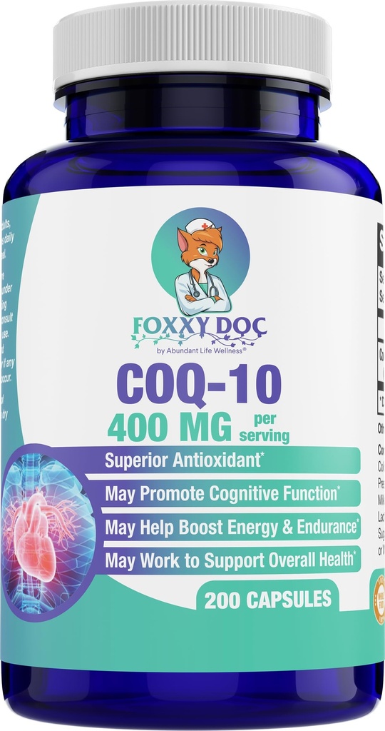 CoQ10 400 MG Per 2 Caps - Ubiquinone - Utmärkt värde - Hjärta, Brain & Cellular Supplement - Energistöd - 200 Caps in Bottle - av Foxxy Doc