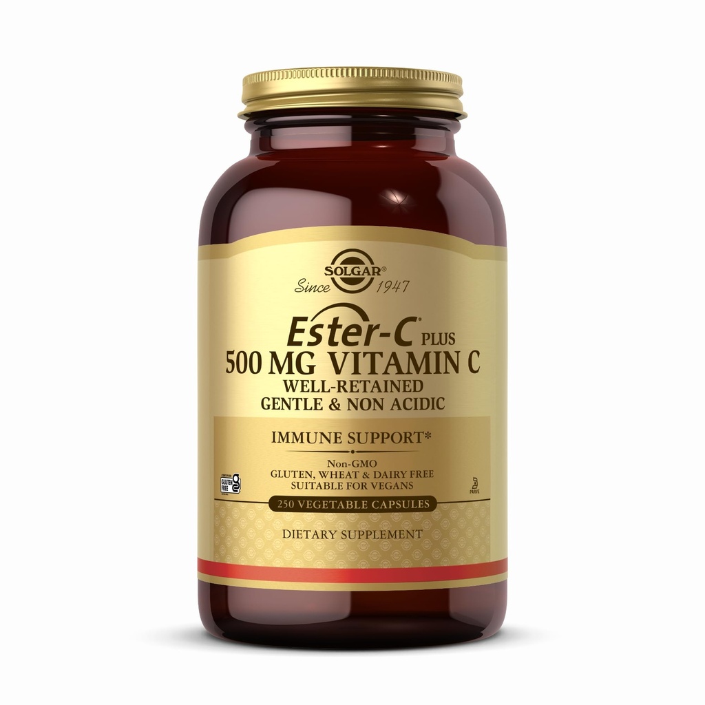 Solgar Ester-C Plus 500 mg Vitamin C (Ascorbate Complex) - 250 vegetabiliska kapslar - Gentle & Non Acidic - Antioxidant & Immune Support - Non GMO, Vegan, Gluten Free, Kosher - 250 portioner