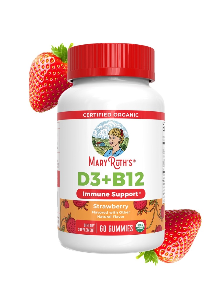 MaryRuth Organics Vitamin D3 B12 Gummies | USDA Organic | 2 månaders leverans | Vitamin D & B12 Vitamin Supplements for Adults & Kids | Benhälsa | Hälsosamma energinivåer | Icke-GMO | 60 portioner