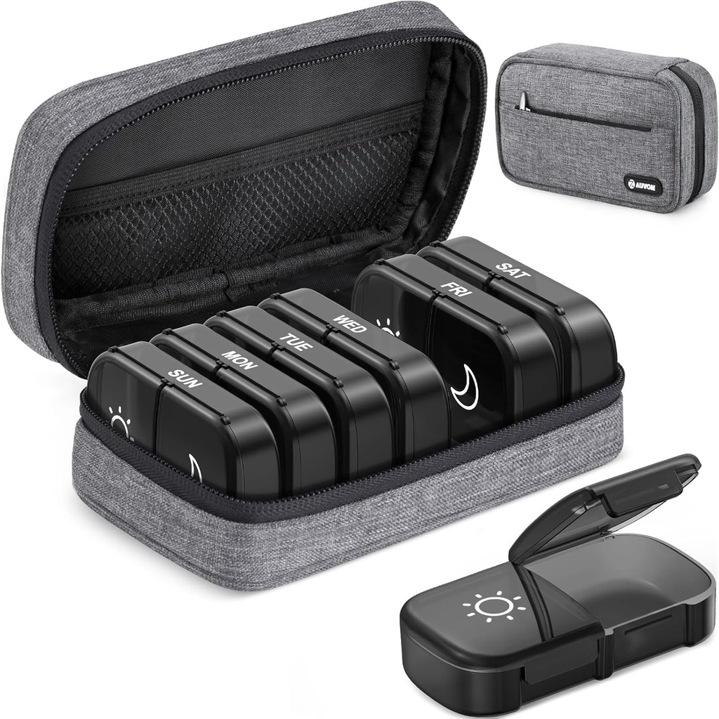 AUVON Canvas Bag XL Weekly Pill Organizer 2 gånger om dagen, Travel Pill Box 7 Dag med One-Side Stor öppning, AM PM Pill Case med bärbar kläder väska för kosttillskott, vitaminer, fiskoljor