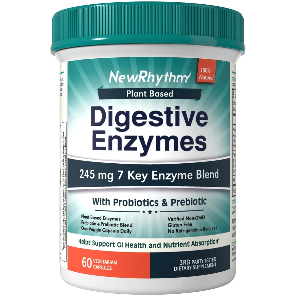 NewRhythm Digestive Enzymes 245 mg, med probiotika och prebiotika, Plant Based, 7 Key Enzymes, Digestion, Nutrient Absorption, Protease Amylase & Lipase, 60 Vegan kapslar
