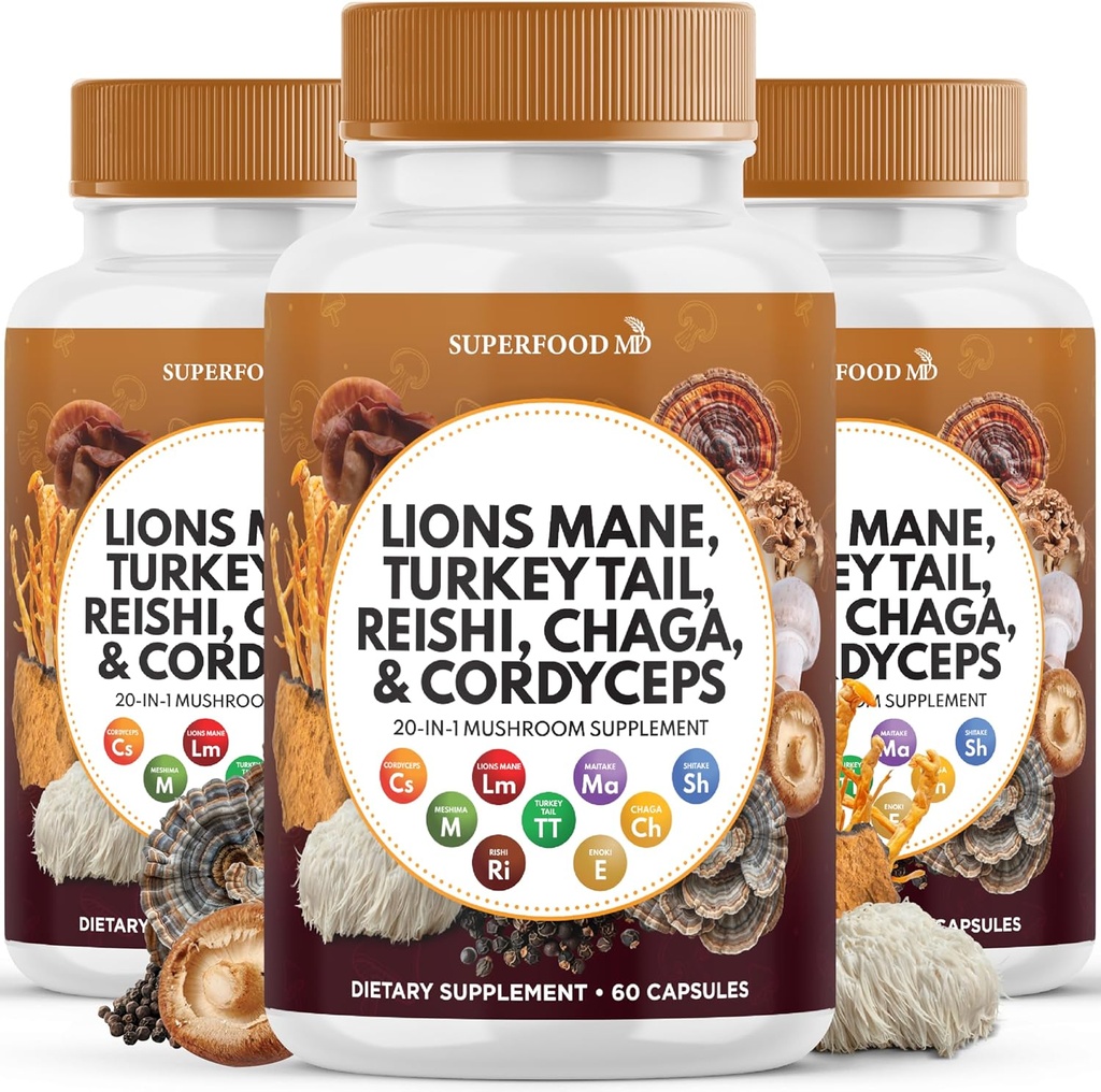 Lions Mane Mushroom Supplement med Turkiet Tail Reishi Cordyceps Chaga med Marshmallow Root - 180 greve