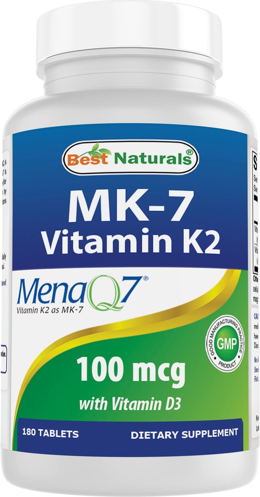 Bästa Naturals Vitamin K2 (MK7) med D3 Supplement Bone and Heart Health (5000 IE Vitamin D3 & 100 mcg Vitamin K2 MK7), 180 tabletter