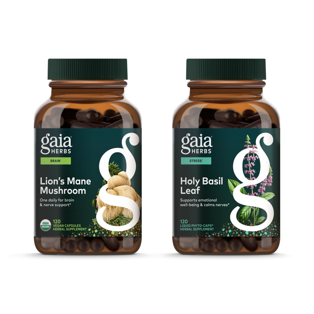 Gaia Herbs Lion's Mane Mushroom - Hjälp till att upprätthålla neurologisk hälsa - 120 Vegan Liquid Phyto-Capsules & Holy Basil Leaf - Hjälper till att upprätthålla en positiv tankegång och balans i stresstider - 120 Vegan Ligan