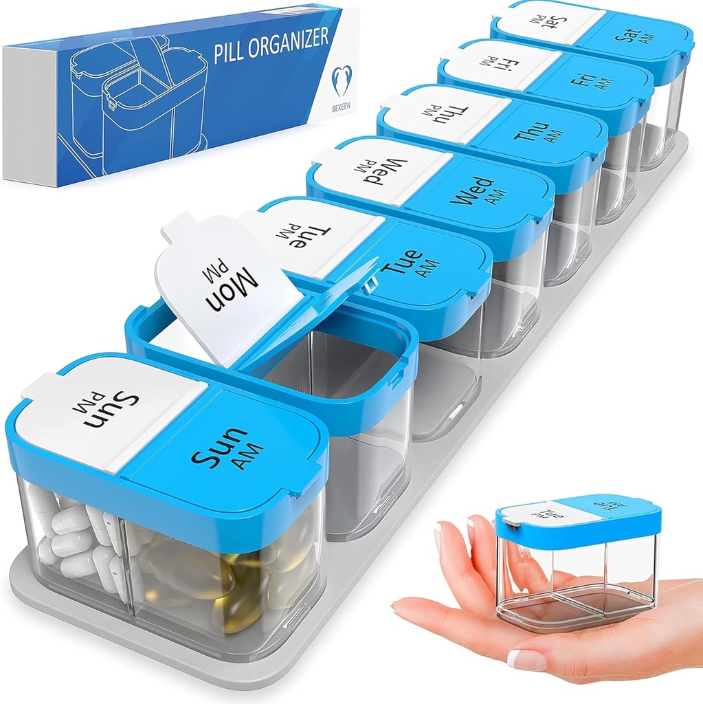 Extra stor Weekly Pill Organizer - XL Daily Pill Box - 7 Day Am Pm Pill Case Jumbo Pill Container för kosttillskott Big Pill Holder Twice A Day Oversized (Blue / White)