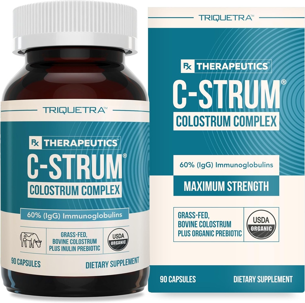 C-Strum® Organic Bovine Colostrum Supplement, 60% igG, First Milking, Grass Fed, Max Strength Colostrum Capsules från tyska Dairy Cows - Gut, Immunity, Skin & Hair Support (90 räkning)