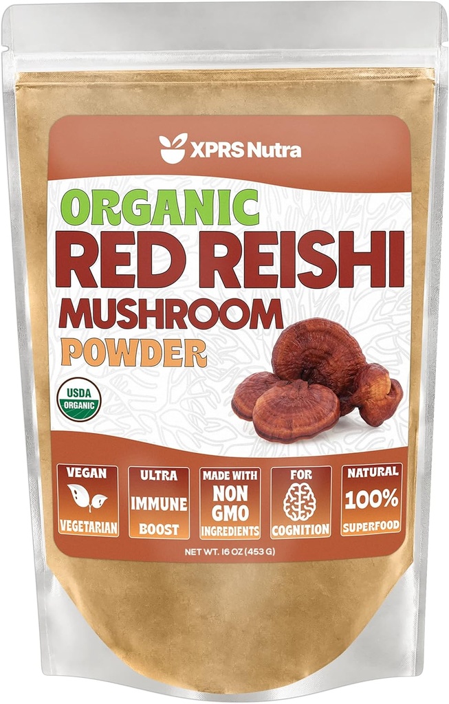 XPRS Nutra Organic Red Reishi Mushroom Powder - Premium Reishi Powder för kognition - Vegan Reishi Mushrooms för livslängd och energi (16 Ounce)