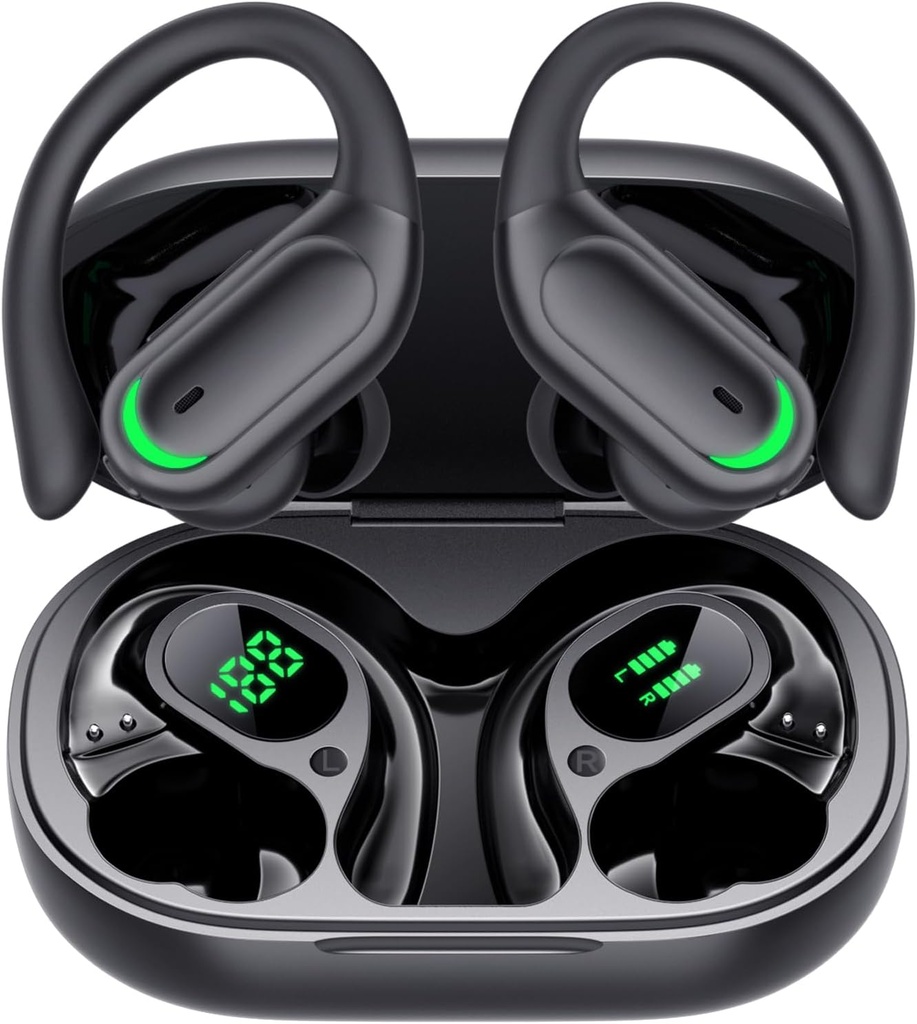 Wireless Earbuds Bluetooth 5.4 Headphones, 96hrs Playtime, Wireless Charging Case LED Display, Over Ear Headphones, ENC Noise Cancelling, Hi-Fi Sound, IP7 Waterproof, for Sports Workouts (Deep Black)