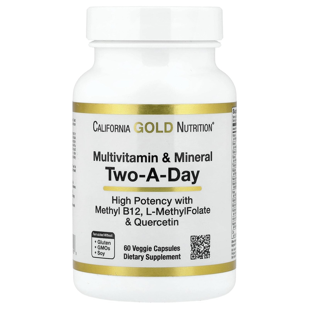 Kalifornien Gold Nutrition Multivitamin och mineral med Methyl B12, Vitamin C, L-MethylFolate och Bio-Quercetin, Two-A-Day, 60 Veggie Capsules