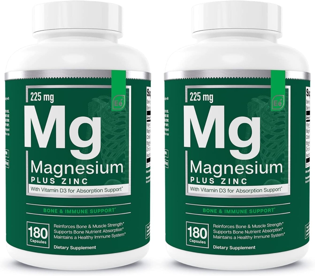 Essential Elements Magnesium Plus Zink med vitamin D3 | Vetenskapligt formulerat hjärta, ben och muskelstöd | 225 mg Triple-Strength Magnesiumkomplex med Glycinate, Malate, Citrat | 360 greve