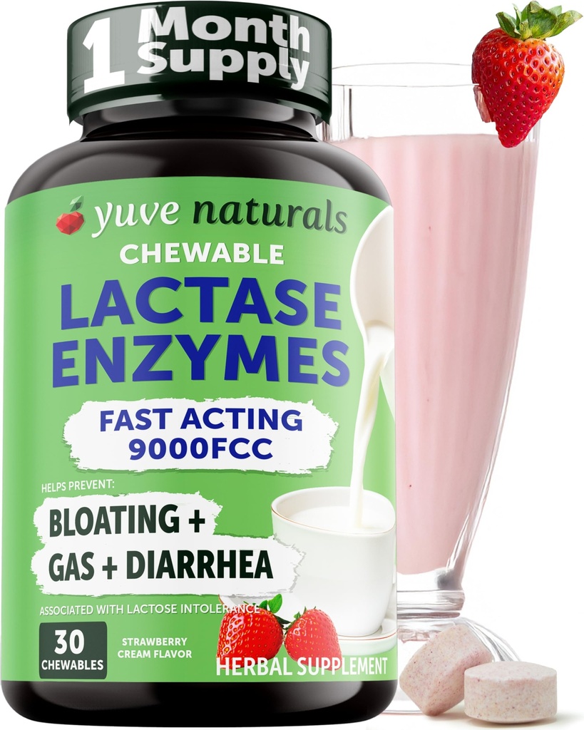 Yuve Natural Fast Acting Dairy Relief Delicious Chewables - Lactase Enzyme 9000 FCC - Säg adjö till Dairy Discomfort från Laktosintolerans - Strawberry Cream Flavor - 30ct