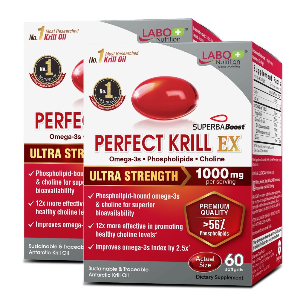 LABO Nutrition Perfekt Krill EX, 1000mg Antarctic Krill Oil Omega 3 EPA DHA, Högsta Fosfolipider (Över 56%) med Choline, Astaxanthin | Hjärt Hjärna Ögon Gemensam Hälsa, Made in USA, 60 SoftgelsX2