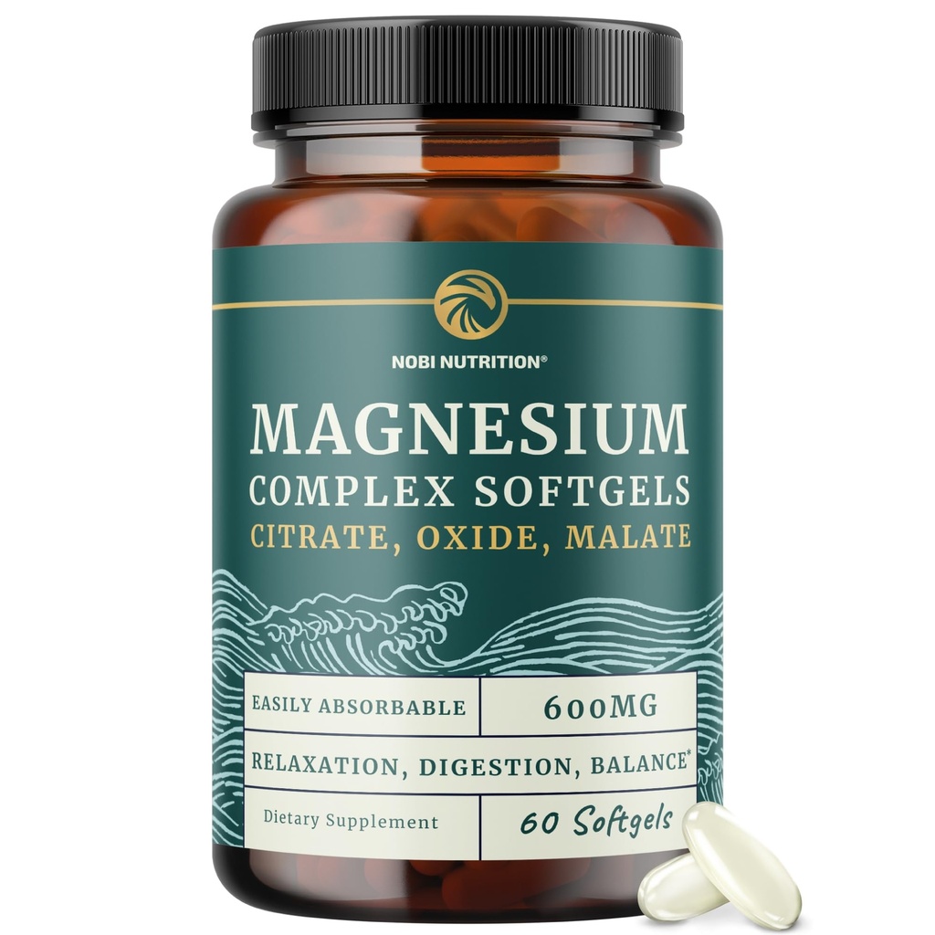 Triple Magnesium Softgels | Citrate, Malate och Oxide | Mycket Absorbable Magnesium Supplement för Digestion, Calm, Leg Cramps, & Sleep Support | 300mg Complex | Lätt att svälja mjuka Gels | 60 Räkna