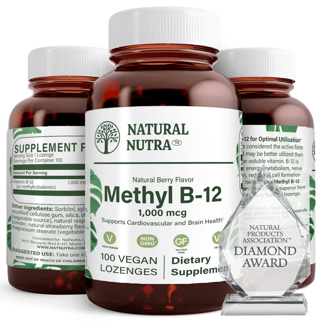 Natural Nutra Vegan Methyl B12 1000mcg, Heart Health och Energy Booster Supplement, Gluten Free, Support Energy Transformation, Förbättra immunsvar, Hjälp hjärnfunktion, 100 Vegan Lozenges
