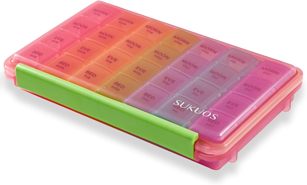 Sukuos Weekly Pill Organizer 7 Day 4 Times a Day, Moisture-Resistant Large Daily Pill Box Medicine Fall för vitamin / fiskolja / tillägg (rosa)