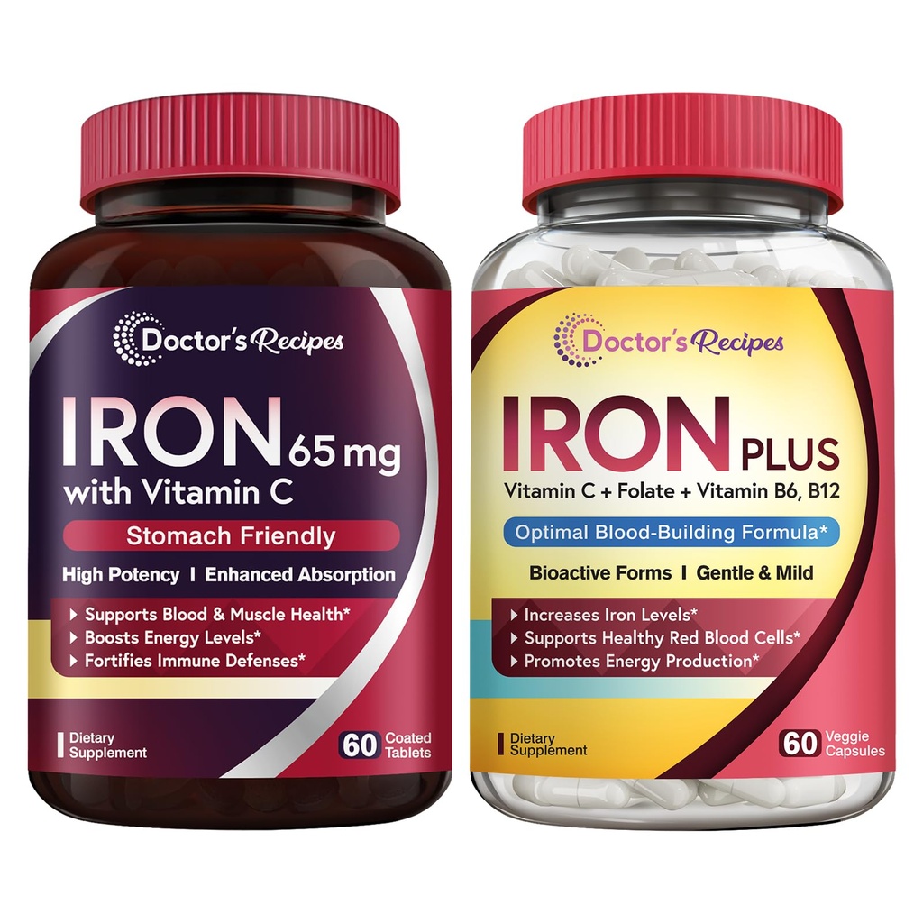 Läkare Recept Järn 65 mg & Järn Plus Bundle, Hälsosamma Järnnivåer & Blodsupport, Järn tabletter 60 ct & Järnkapslar 60 ct