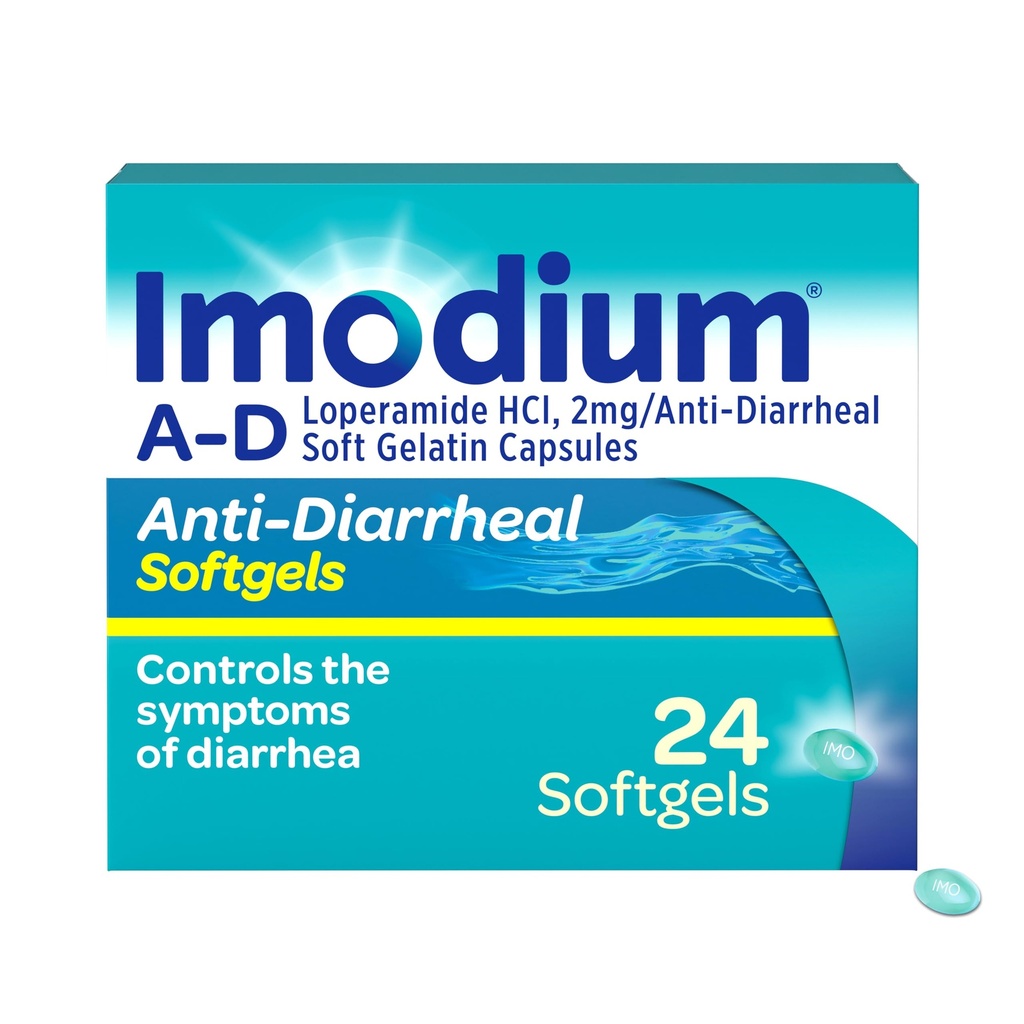 Imodium A-D Fast-Acting Anti-Diarrheal Softgels, Loperamide HCl 2 mg, Travel Essential Diarrhea Relief Medicine for Adults, 24 Count, Anti Diarrhea Pills, Ages 12+, Lätt att svälja