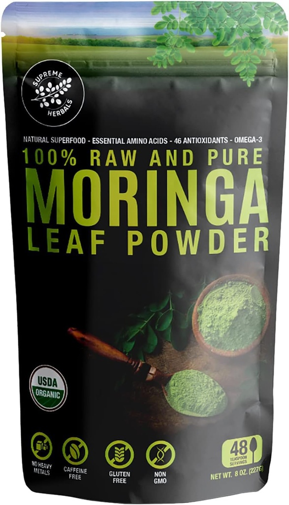 100% Raw och Pure Moringa Leaf Powder Ekologiskt certifierat Moringa Leaf. Naturlig superfood med essentiella aminosyror, antioxidanter och Omega 3, 8 oz Återförsäljbar väska.