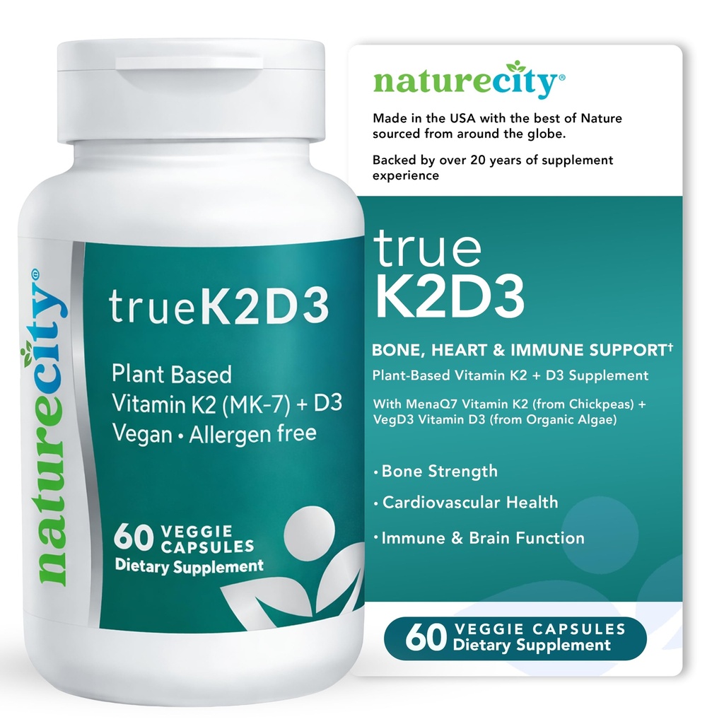 NatureCity TrueK2D3 Plant Based Vitamin K2 MK7 (90 mcg) & D3 från Alger (2500 IE) 2 i 1 Vitamin D3 K2 Supplement för ben, hjärta och immunhälsa - 60 Veggie kapslar