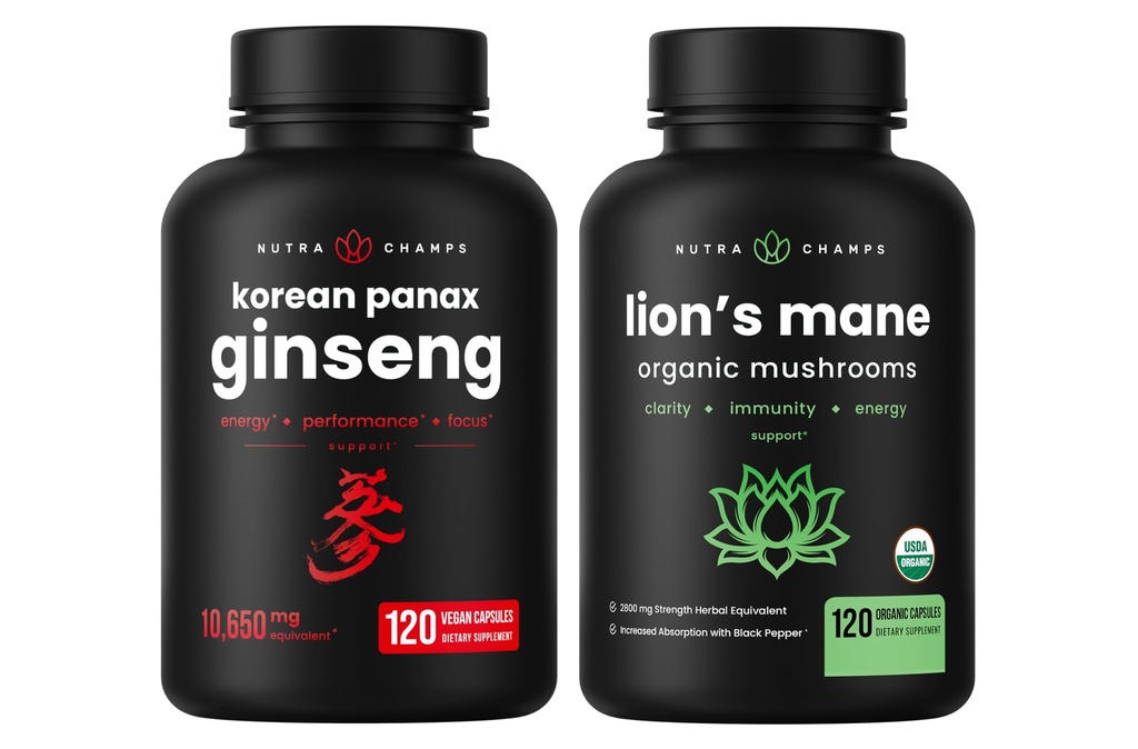 NutraChamps Korean Ginseng Capsules och Lions Mane Capsules 2 Pack Bundle