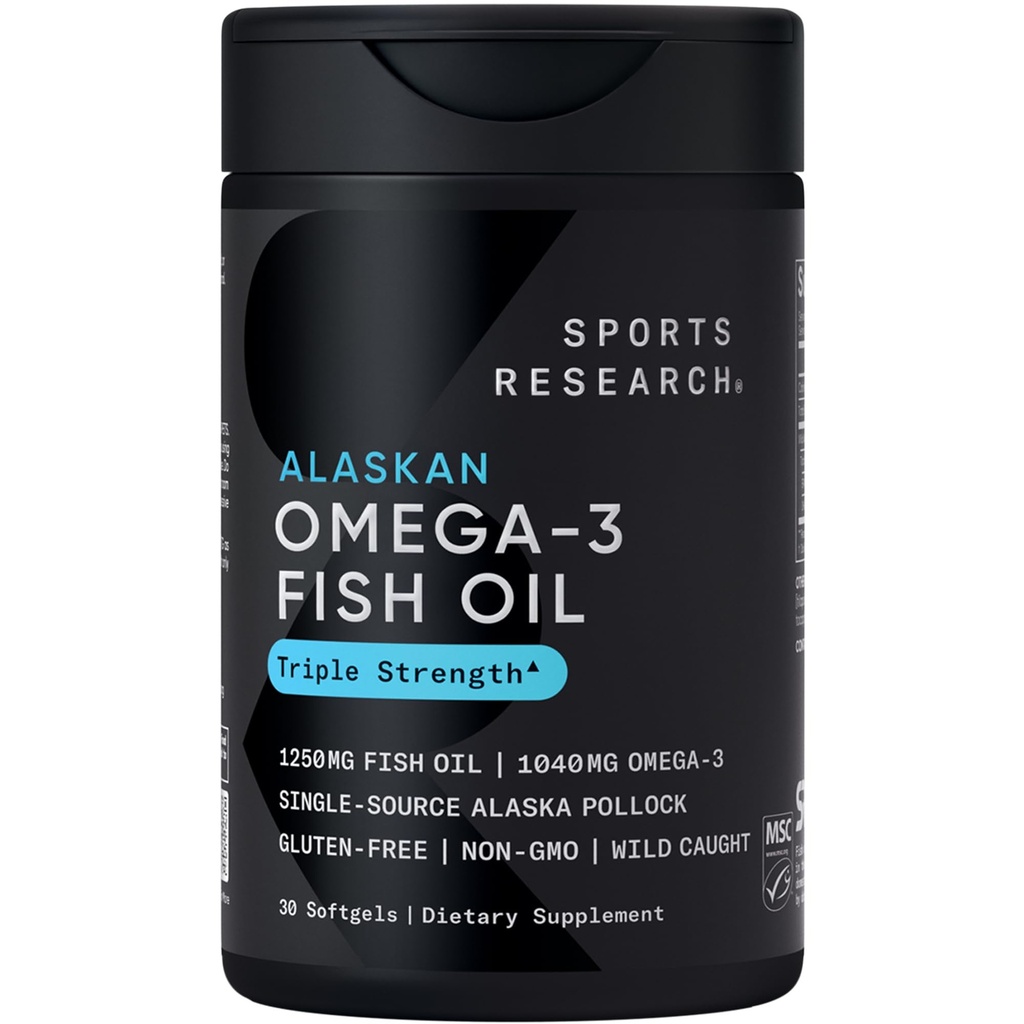Sportforskning Triple Strength Omega 3 Fish Oil 1250mg från Wild Alaskan Pollock - Burpless Fish Oil Supplement med Omega-3 EPA & DHA - Hållbart källad, icke-GMO, Gluten Free - 30 Softgels