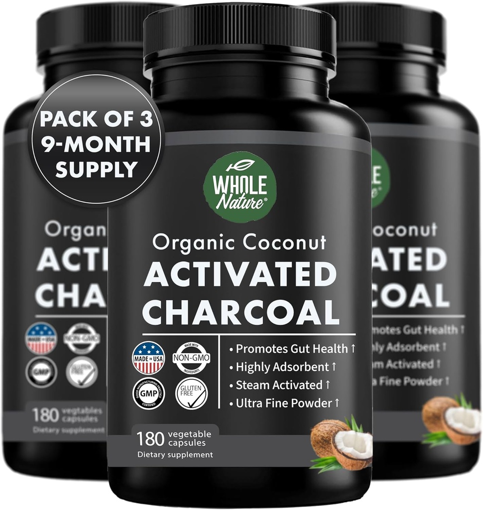 Coconut Aktiverade Charcoal Capsules, 180 Charcoal Capsules, Teeth Whitening, Hjälper förstoppning, Bloating, Stomach Gas, Heartburn, Pure Coconut Derived Supplement (3)