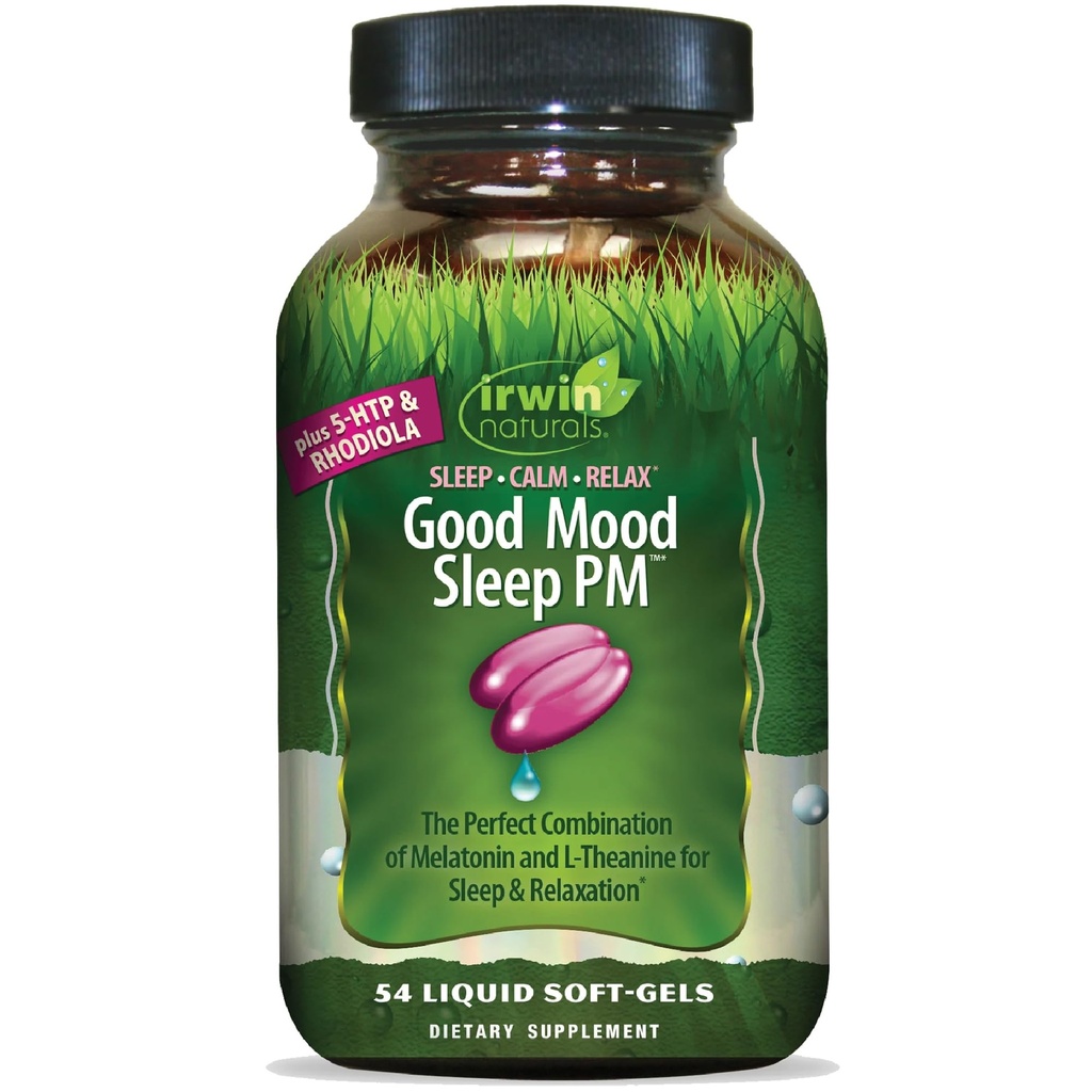 Irwin Naturals Good Mood Sleep PM - 54 Liquid Soft-Gels - med Melatonin och L-Theanine för rest och avkoppling - 18 Totala portioner