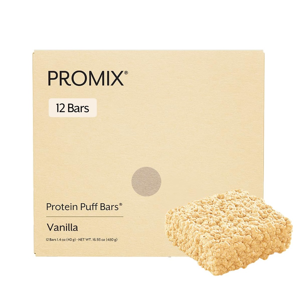 ProMix Nutrition Protein Puff Bars, 12-Pack - Madagaskar Vanilla - Marshmallow Crispy Treat - Great Tasting & Healthy On The Go Snack - High Protein & Low Calorie - Non-GMO & Free From Gluten, Soy & Corn.