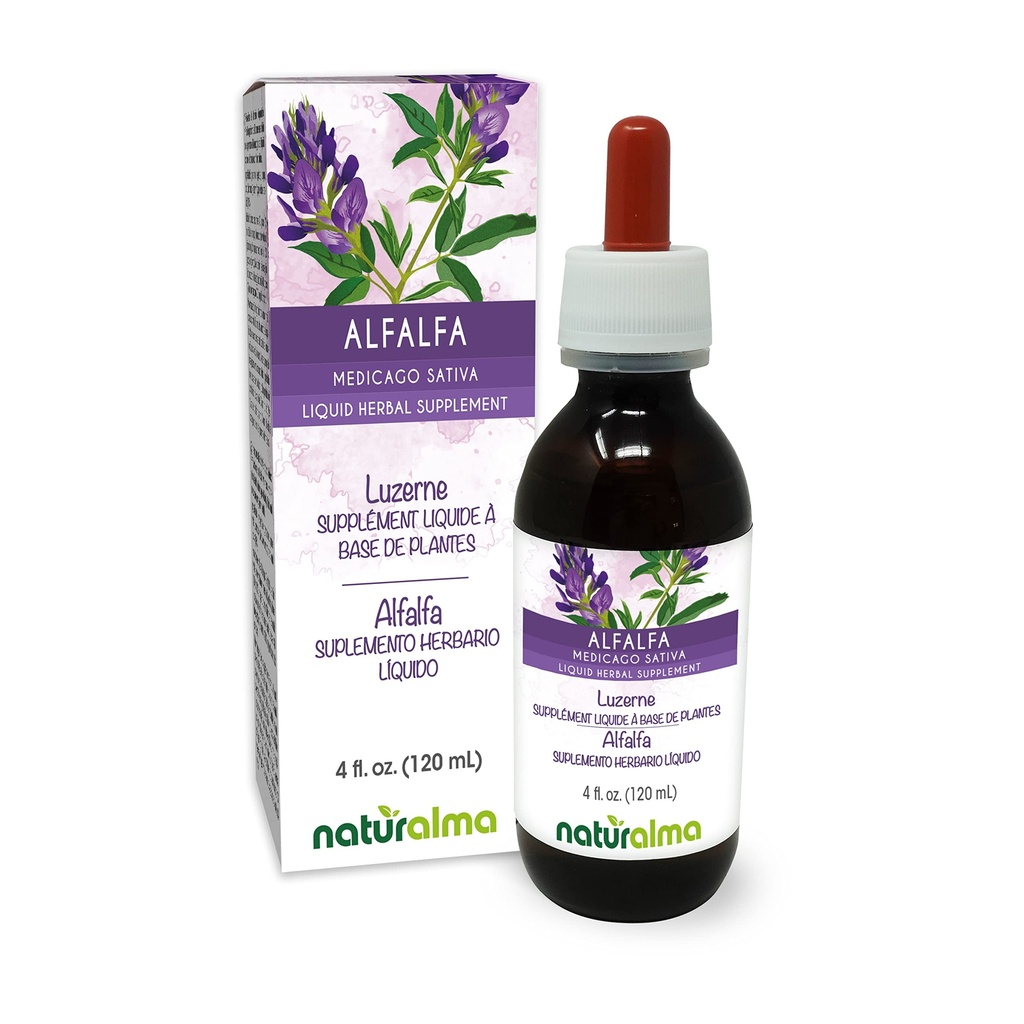 Naturalma Alfalfa eller Lucerne (Medicago Sativa) ört med blommor alkoholfri tinktur - Rik i naturlig klorofyll - 4 fl oz flytande extrakt i droppar - Herbal Supplement - Vegan