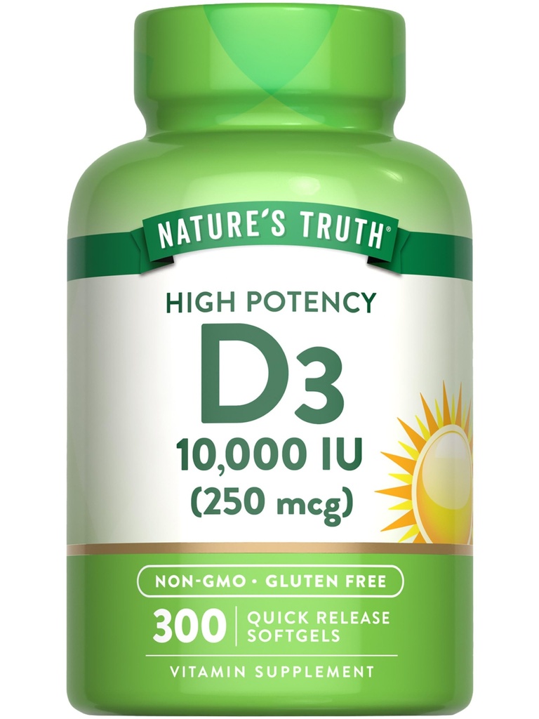 Naturens sannings vitamin D3 10000 IE Softgels | 300 greve | Extra styrka | Non-GMO & Gluten fri tillägg