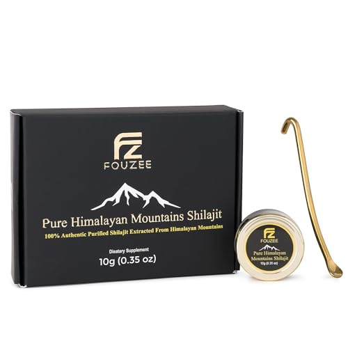 FOUZEE Pure Himalayan Mountains Shilajit - 77% + Fulvic Acid Authentic Hard Consistency, Natural Source of Fulvic Acid, Över 85 Trace Minerals, Inkluderar rostfritt stål sked (10 Grams)