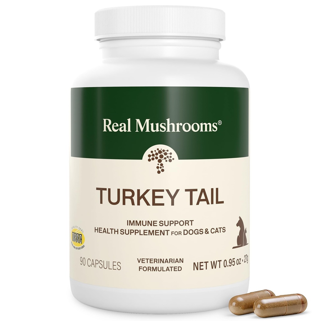Real Mushrooms Turkey Tail Capsules for Pets -Cat Probiotics & Dog Vitamins - Organic Mushroom Supplement för hundar och katter - Stöder Daglig balans och välbefinnande icke-GMO, 90 ct