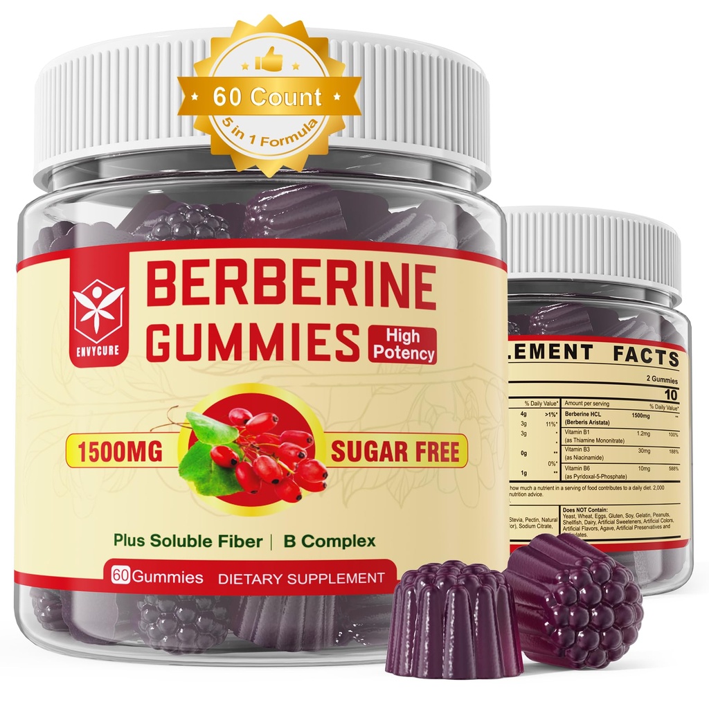 Berberine Supplement 1500mg med Soluble Fiber, B1, B3 & B6, Sugar Free Berberine HCL Gummies, High Bioavailability AMPK Activitor för Mętâbõlism Balanced, Daily Digestive & Body Mânâgęmnt, 60 Cts