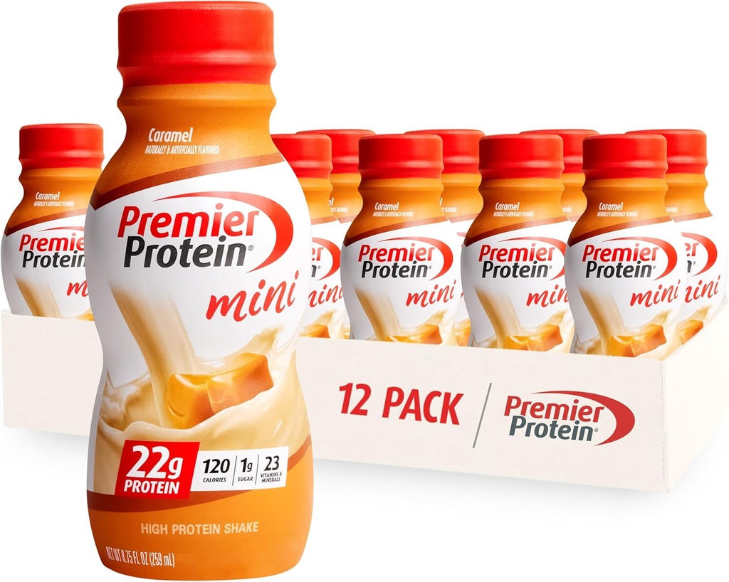 Premier Protein Shake MINIs, Caramel, 22g Protein, 120 kalorier, 1g socker, 8,75fl oz, Pack med 12