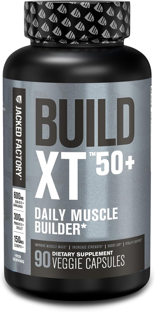 Jacked Factory Build-XT 50+ Daily Muscle Builder - Muscle Recovery Supplement & Muscle Builder för män och kvinnor med KSM-66 Ashwagandha, Primavie Shilajit, ElevATP och Astragin - 90 Count