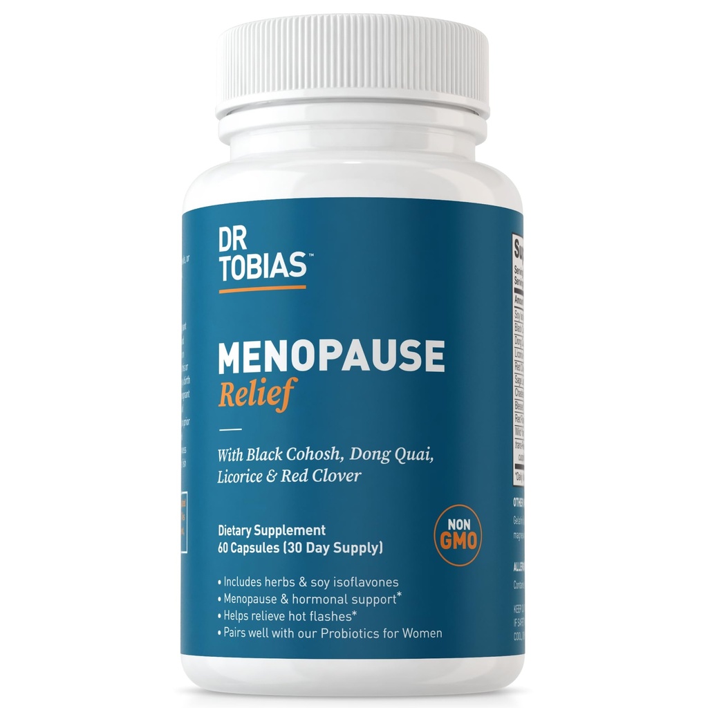 Dr Tobias Menopause Relief with Black Cohosh, Soy Isoflavones, Don Quai, Hot Flash & Night Sweats Relief for Women, Non-GMO Menopause Supplements for Women, 60 Capsules, 30 Servings