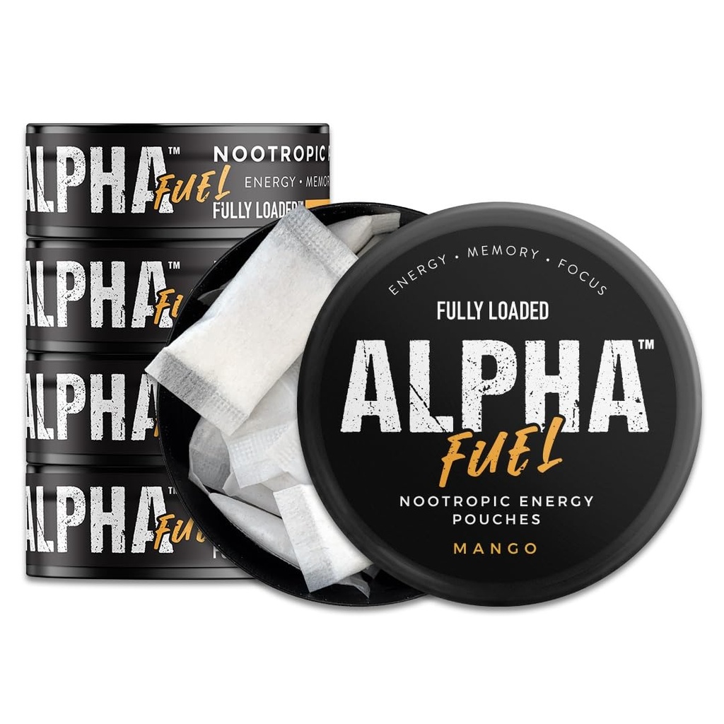 Fullt laddade Alpha Bränsle Nootropic Pouches (Mango Bränsle) - 5 burkar, 15 påsar per burk - Energipåsar som innehåller koffein och nootropa Blend