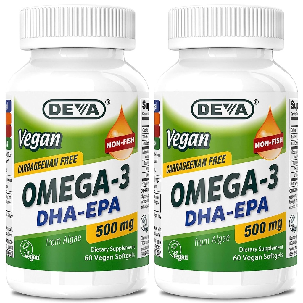 DEVA Vegan Omega-3 DHA-EPA 500MG 2-Pack - No Carrageenan, Non-Fish Oil härrör från Algae, Non-GMO, 60 Gelatin-Free Softgels Ea