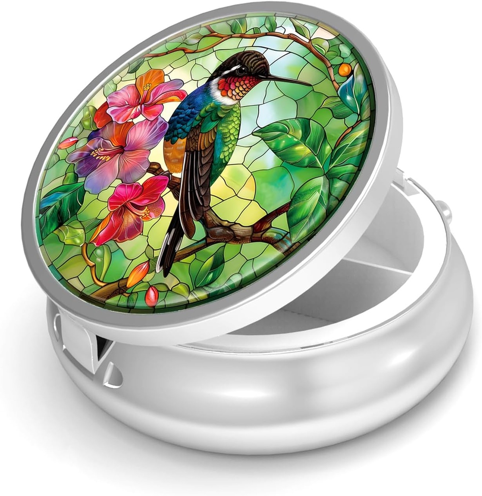 Pill Box-3 Compartment Small Pill Case för Purse & Pocket Mini Metal Pill Holder Travel Pill Container för att hålla tillägg Vitamins BPA-Free (Hummingbird)