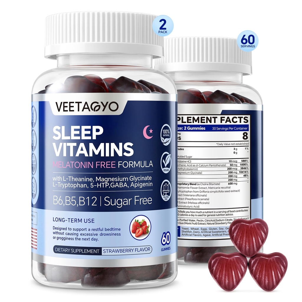 Melatonin Free 5-HTP GABA Supplement Gummies for Adults & Kids 12+ med L-Theanine, Magnesium Glycinate, L-Tryptophan, Apigenin - Sugar Free, Strawberry Flavor, Vegan, 120 Count