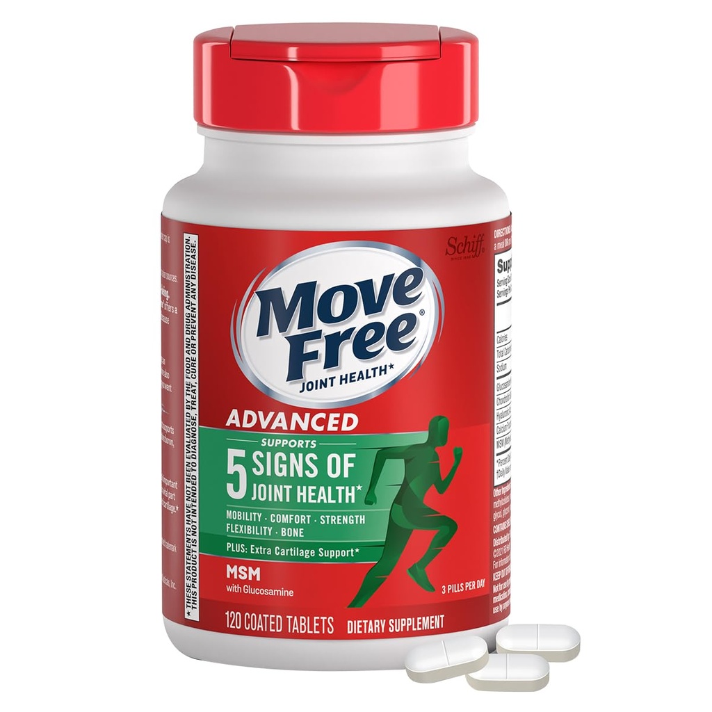 Flytta gratis Advanced Glucosamine Chondroitin MSM Joint Support Supplement, Stöd Mobilitet, Komfort, Styrka, Flexibilitet & Ben, 120 tabletter / 40 portioner