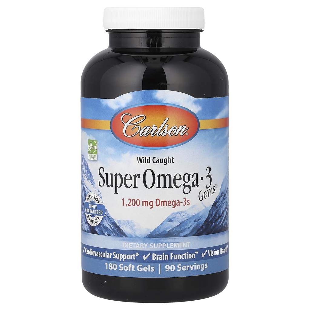 Carlson - Super Omega-3 Gems, 1200 mg Omega-3, Cardiovascular Support, Brain Function & Vision Health, 180 mjuka geler