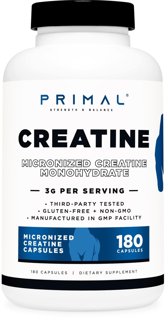 Primala kreatinmonohydrat (3 000 Mg, 180 Caps) - Mikroniserat kreatintillskott, 750mg per kapsel, bra för preworkout och återhämtning - Glutenfri, icke-GMO