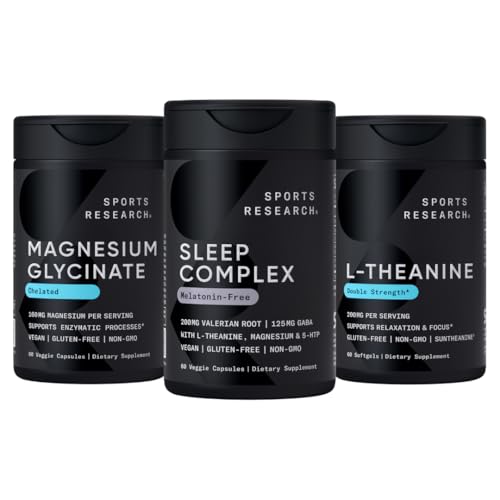 Sport Forskning Dubbel Styrka L-Theanin Supplement Softgels för Focus & Relaxation, Magnesium Glycinate för Restful Sleep & Enzymatic Processes + Sleep Complex Melatonin-Free Vegan Capsules